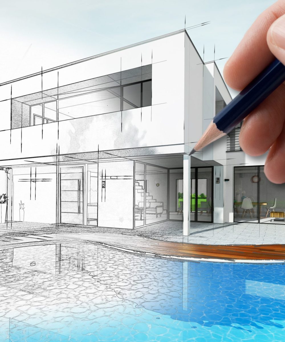 Dessin d'une maison d'architecte avec plan et piscine